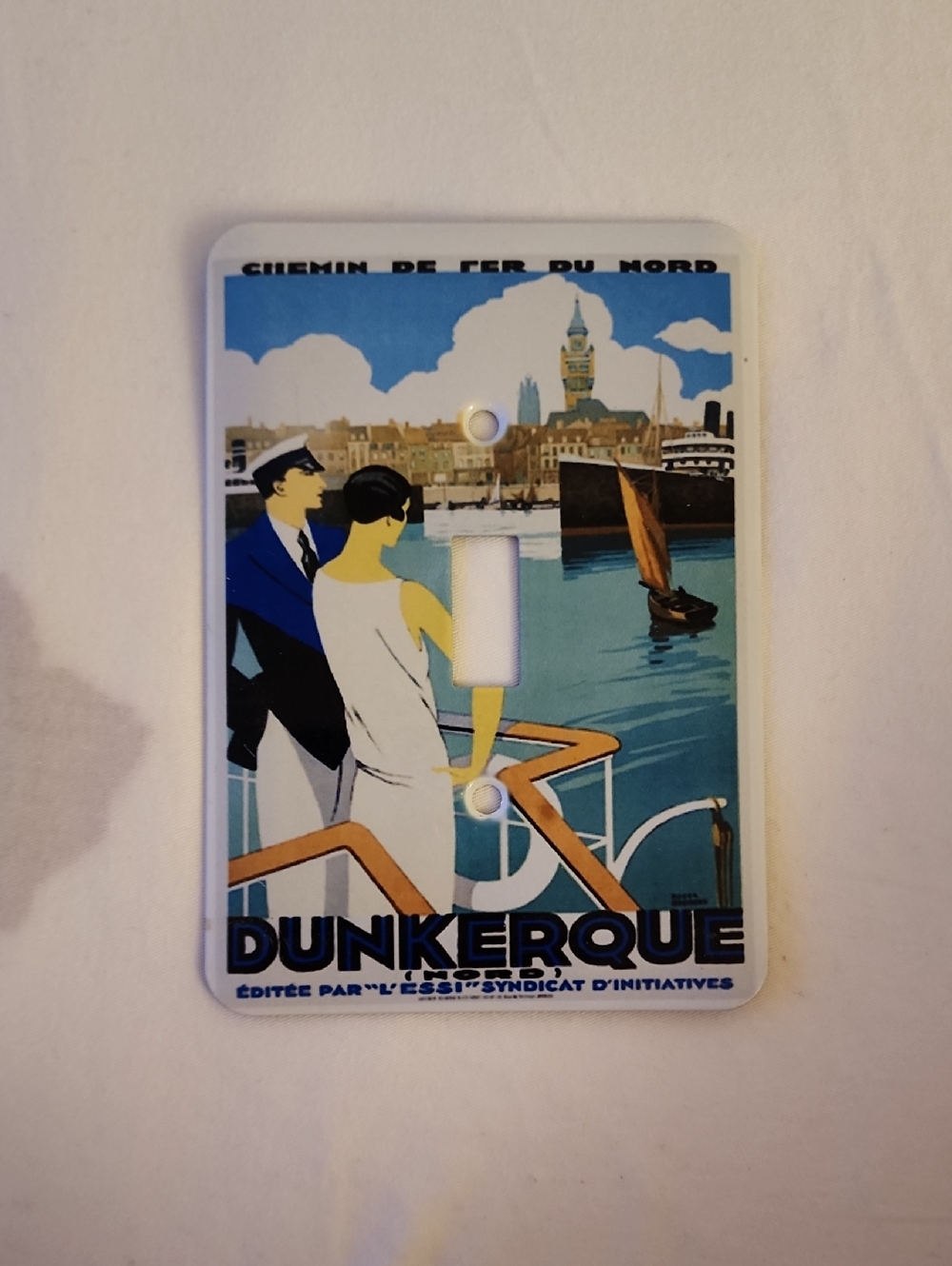 Dunkerque Vintage Travel Art Light Switch Plate - Blue & White Metal